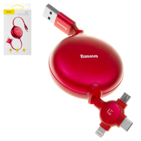 USB Cable Baseus Little Octopus, USB type A, USB type C, micro USB type B, Lightning, 105 cm, 3 A, red  #CAMLT AZY09