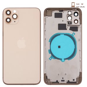 Housing compatible with iPhone 11 Pro Max, golden, with SIM card holders, with side buttons, matte gold 