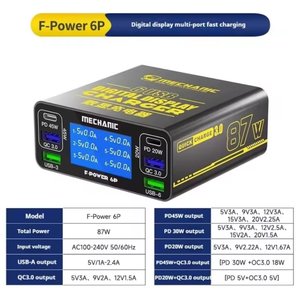 Mains Charger Mechanic F Power 6P, 87 W, Quick Charge, Power Delivery PD , 6 outputs 