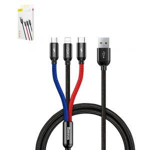 USB кабель Baseus Three Primary Colors, USB тип C, USB тип A, micro USB тип B, Lightning, 120 см, 3,5 А, чорний, передавання даних лише на Lightning, в нейлоновому обплетенні, 3 в 1, #CAMLT BSY01