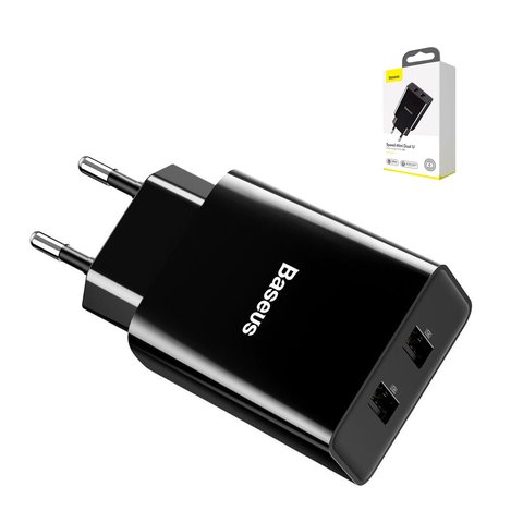 Мережевий зарядний пристрій Baseus Speed Mini Dual, Quick Charge, 220 В, чорне, USB тип A, 10,5 Вт, 2 порта, #CCFS R01